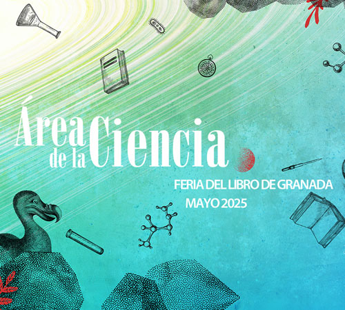 Cartel Area de la Ciencia 2025 - Tonos turquesas y simbolos cientificos alrededor de las letras