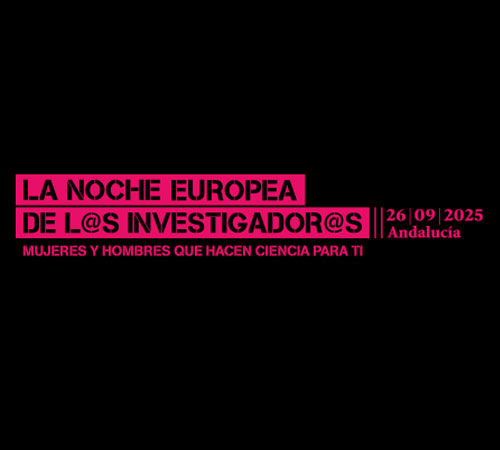 Cartel de la Noche Europea de los Investigadores: fondo negro con letras negras bajo remarcado rosa