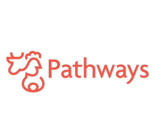 Logotipo de Pathways: imagen silueta de varios animales, vaca, gallina y letras en color rojo