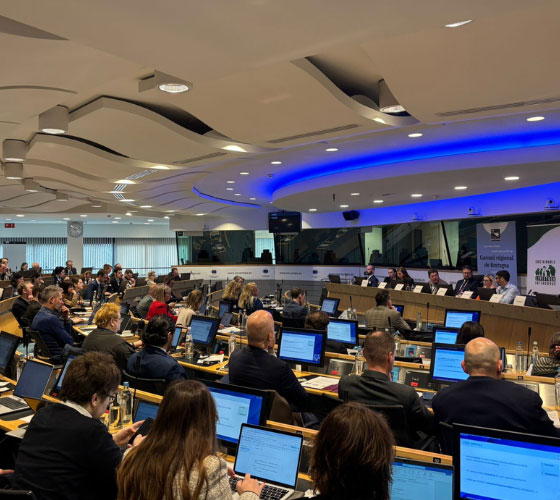 Miembros del Parlamento Europeo de espaldas, con sus portátiles, mientras asisten a la presentación de siete ponentes