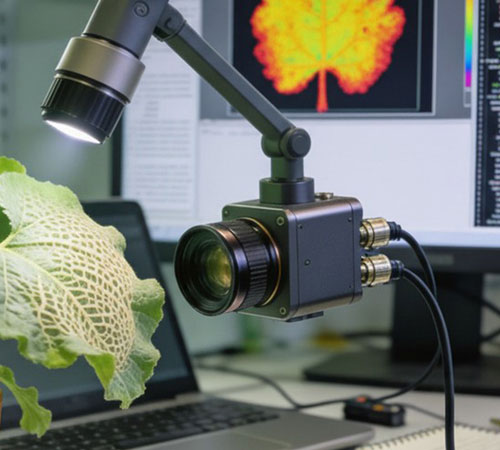 Imagen de microscopio apuntando sobre una hoja verde. De fondo se ve una imagen de escaner de dicha hoja en tonos naranjas