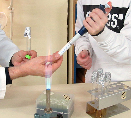 Investigador sosteniendo tubos de ensayo que acerca a estudiante.