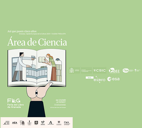 Mano sosteniendo libro abierto con ilustraciones de científico y científica. El fonde de la imagen es verde pastel