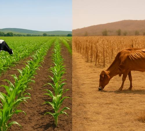 Plantas sembradas en la parte izquierda y vaca en la parte derecha