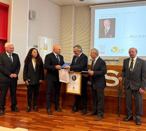 Antonio J. Villatoro (presidente RACVAO) entrega cuadro a Alfonso Clemente (director EEZ-CSIC) junto a cuatro participantes más, uno de ellos mujer