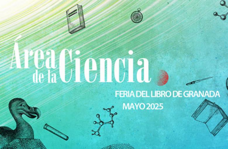 Cartel Area de la Ciencia 2025 - Tonos turquesas y simbolos cientificos alrededor de las letras