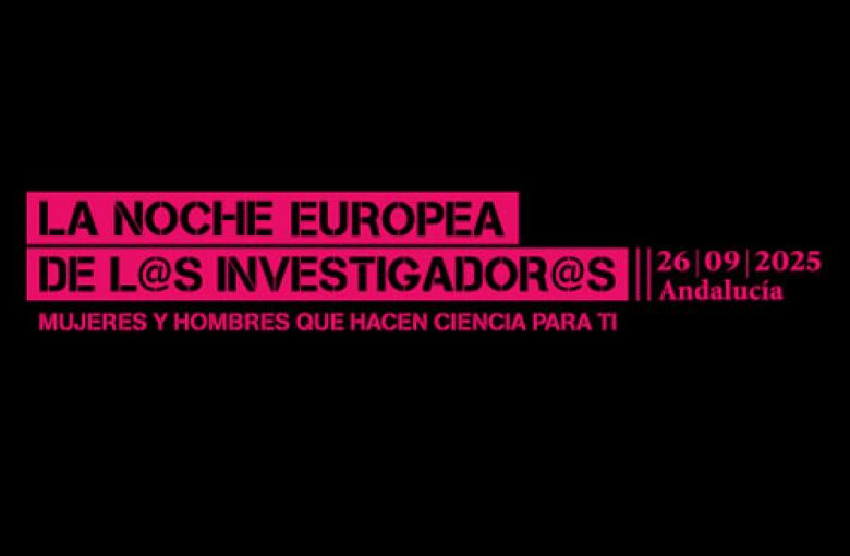 Cartel de la Noche Europea de los Investigadores: fondo negro con letras negras bajo remarcado rosa