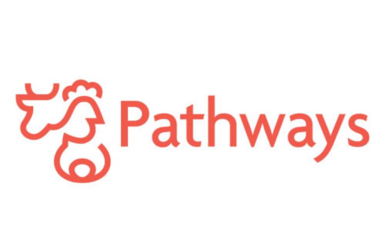 Logotipo de Pathways: imagen silueta de varios animales, vaca, gallina y letras en color rojo