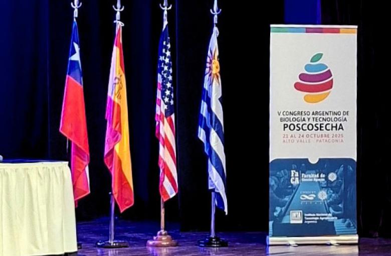 Imagen de banderas de Chile, España, Estados Unidos y Uruguay a la izquierda del cartel del congreso