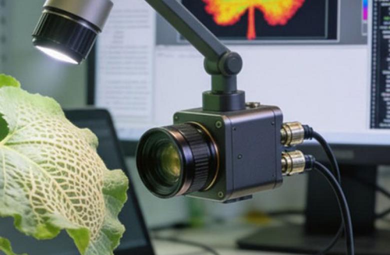 Imagen de microscopio apuntando sobre una hoja verde. De fondo se ve una imagen de escaner de dicha hoja en tonos naranjas