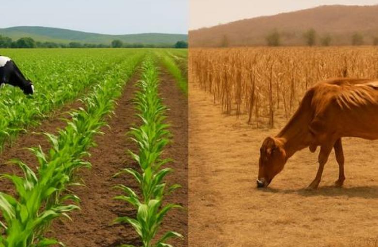 Plantas sembradas en la parte izquierda y vaca en la parte derecha