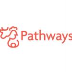 Logotipo de Pathways: imagen silueta de varios animales, vaca, gallina y letras en color rojo