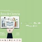 Mano sosteniendo libro abierto con ilustraciones de científico y científica. El fonde de la imagen es verde pastel