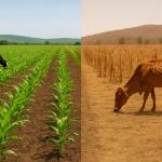 Plantas sembradas en la parte izquierda y vaca en la parte derecha